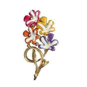 Vintage Enamel Flowers Brooch Pin Rhinestones Decor Multicolor Flowers Gold Tone